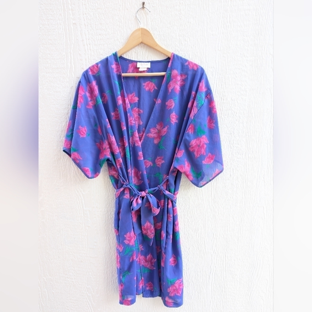 Vintage Barbizon Blue Pink Floral Wrap Tie Short Sleeve Sheer Robe Size Medium